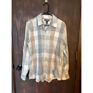 Lands End Womens Flannel Shirt Large 14-16 Gray Tan Plaid Button Down Cotton Top